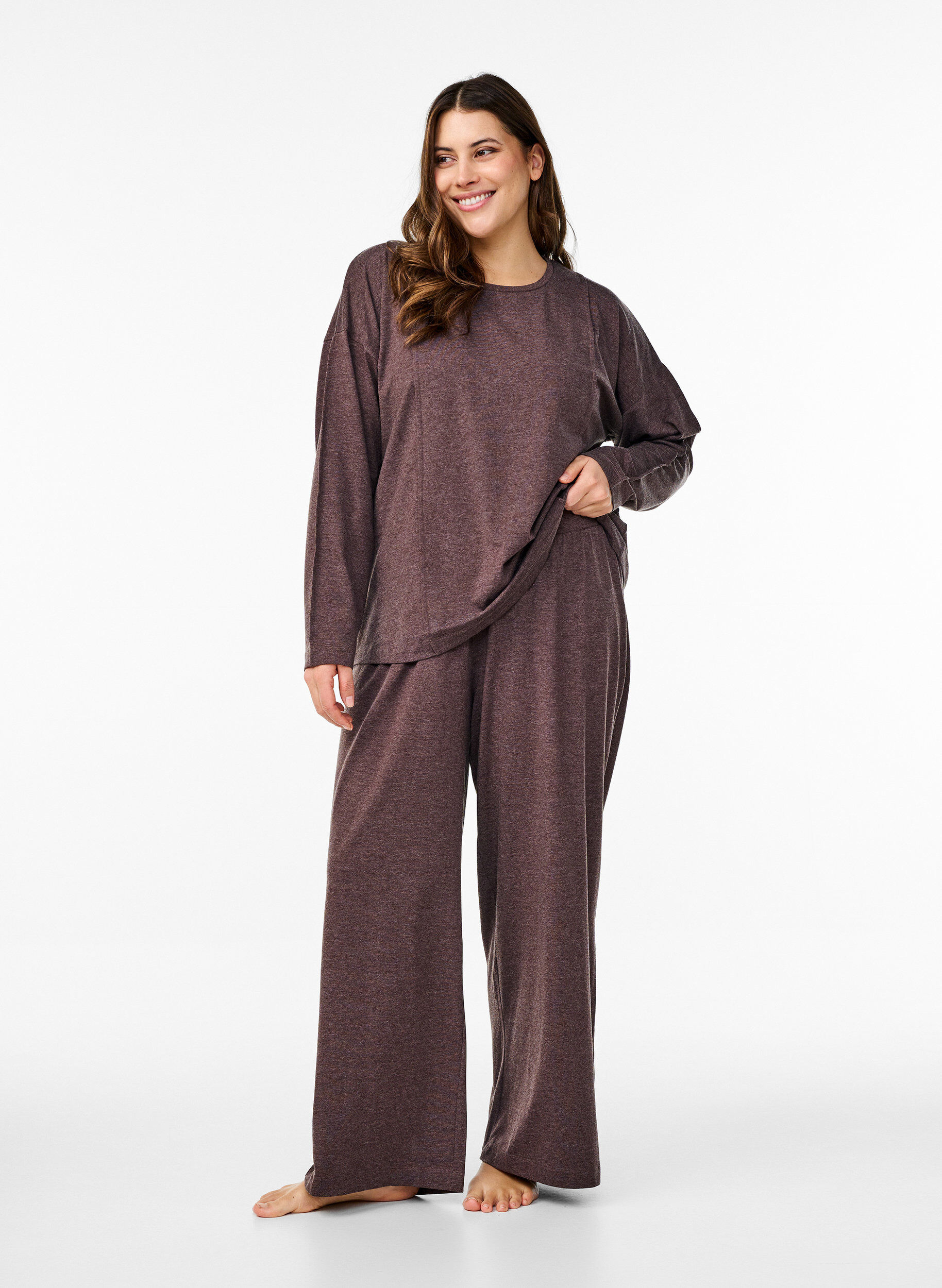 Zizzi Jerseybukse med straight fit og h&oslash;y midje, Bracken Mel., Model image number 0