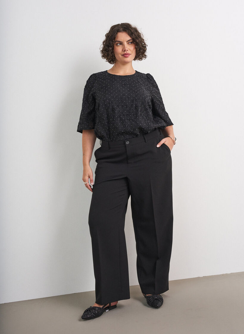 Jacquard bluse med glitrende detaljer og puffede ermer, Svart, Model image number 1