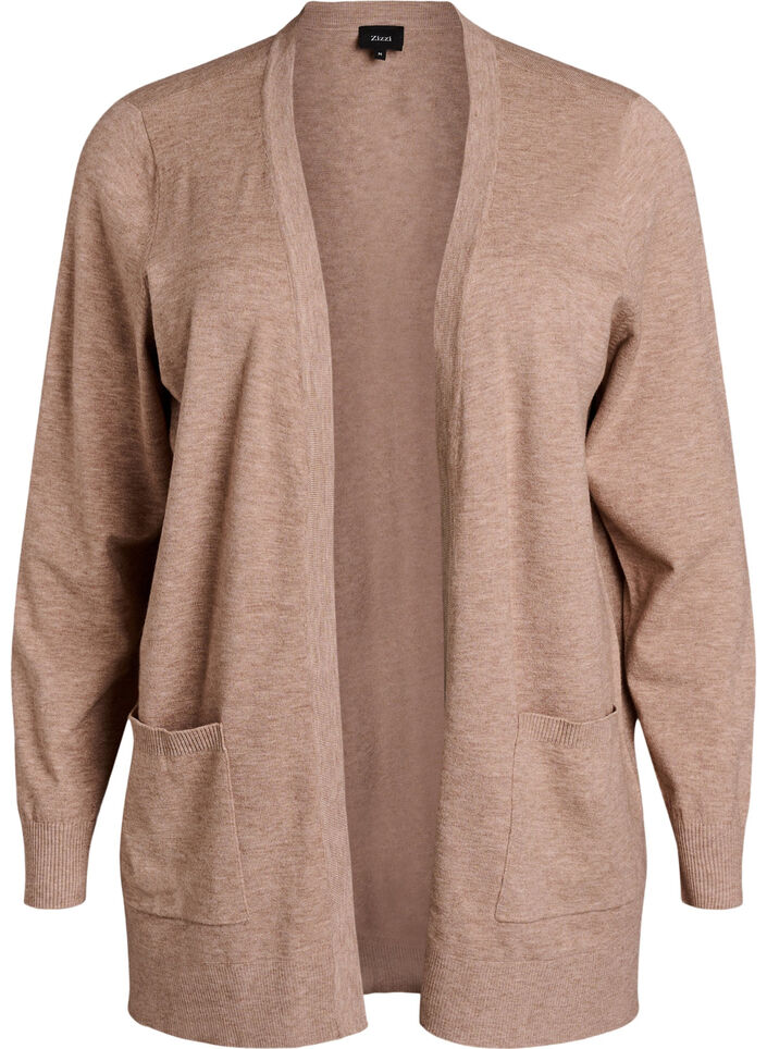 Lang &aring;pen strikket cardigan med lommer, Beige, Packshot image number 0