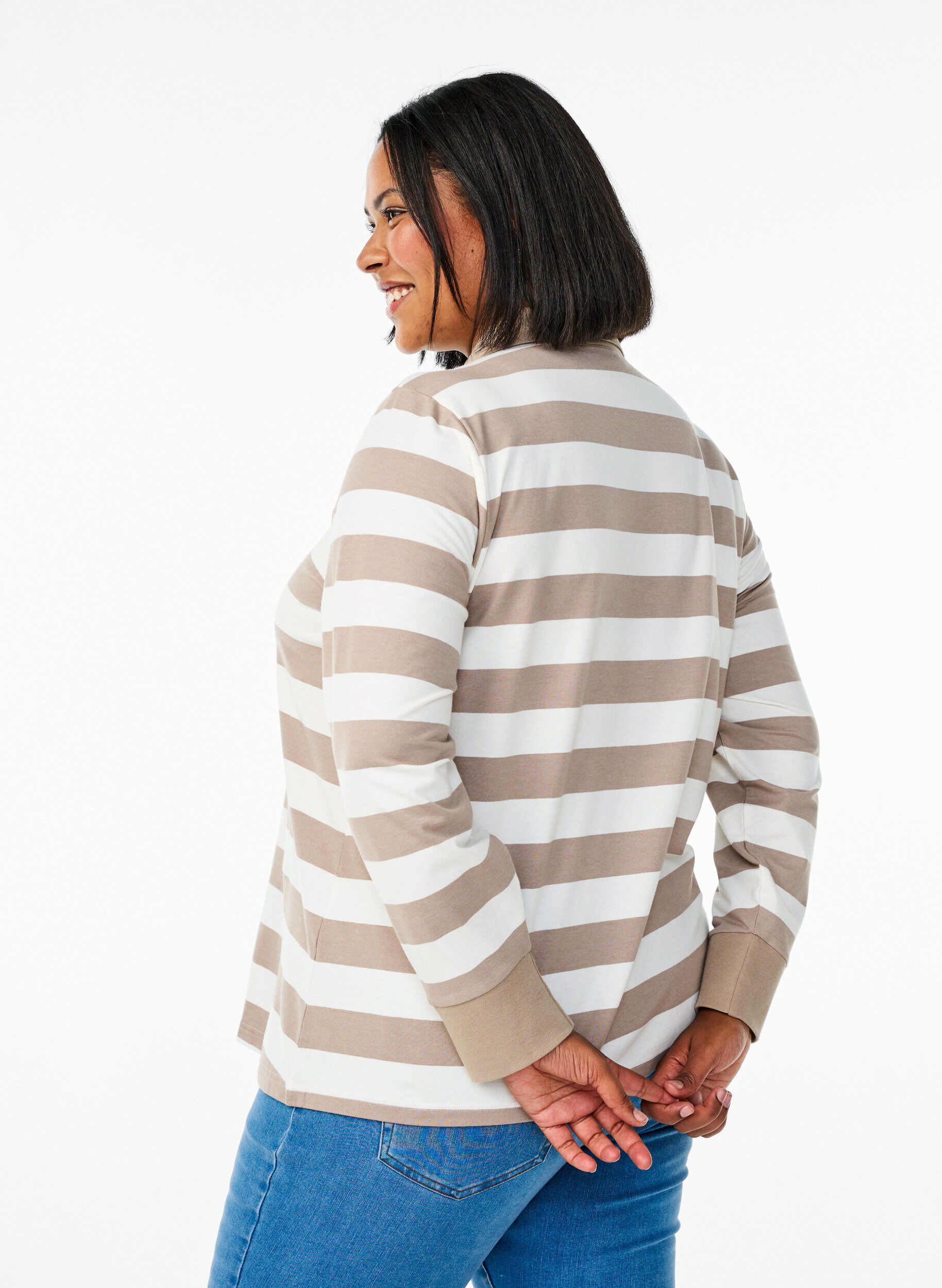 Zizzi Langermet poloskjorte med striper, Beige, Model image number 2
