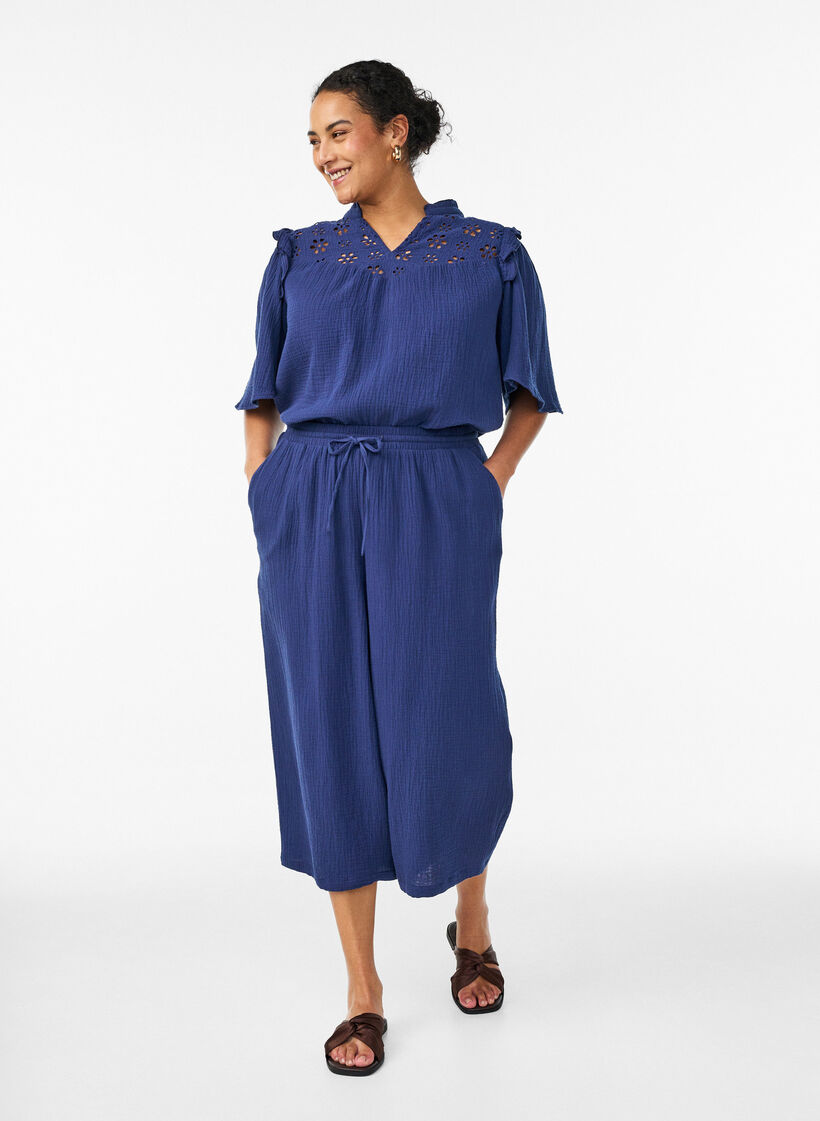 Culottebukser i bomullsmuslin med h&oslash;y midje, Bl&aring;, Model image number 0