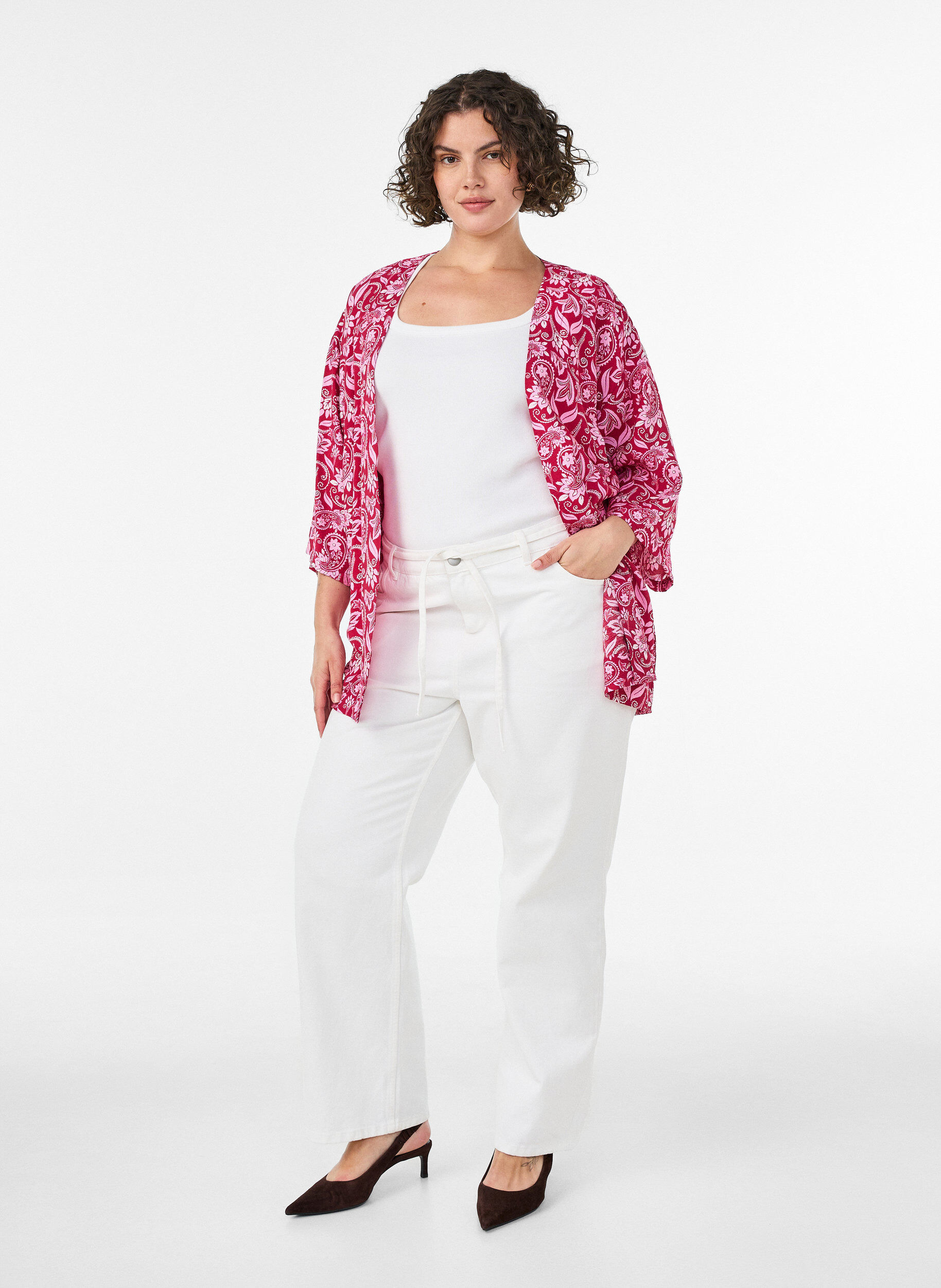 ZizziKort viskose kimono med 3/4 ermer, Rosa, Model image number 1