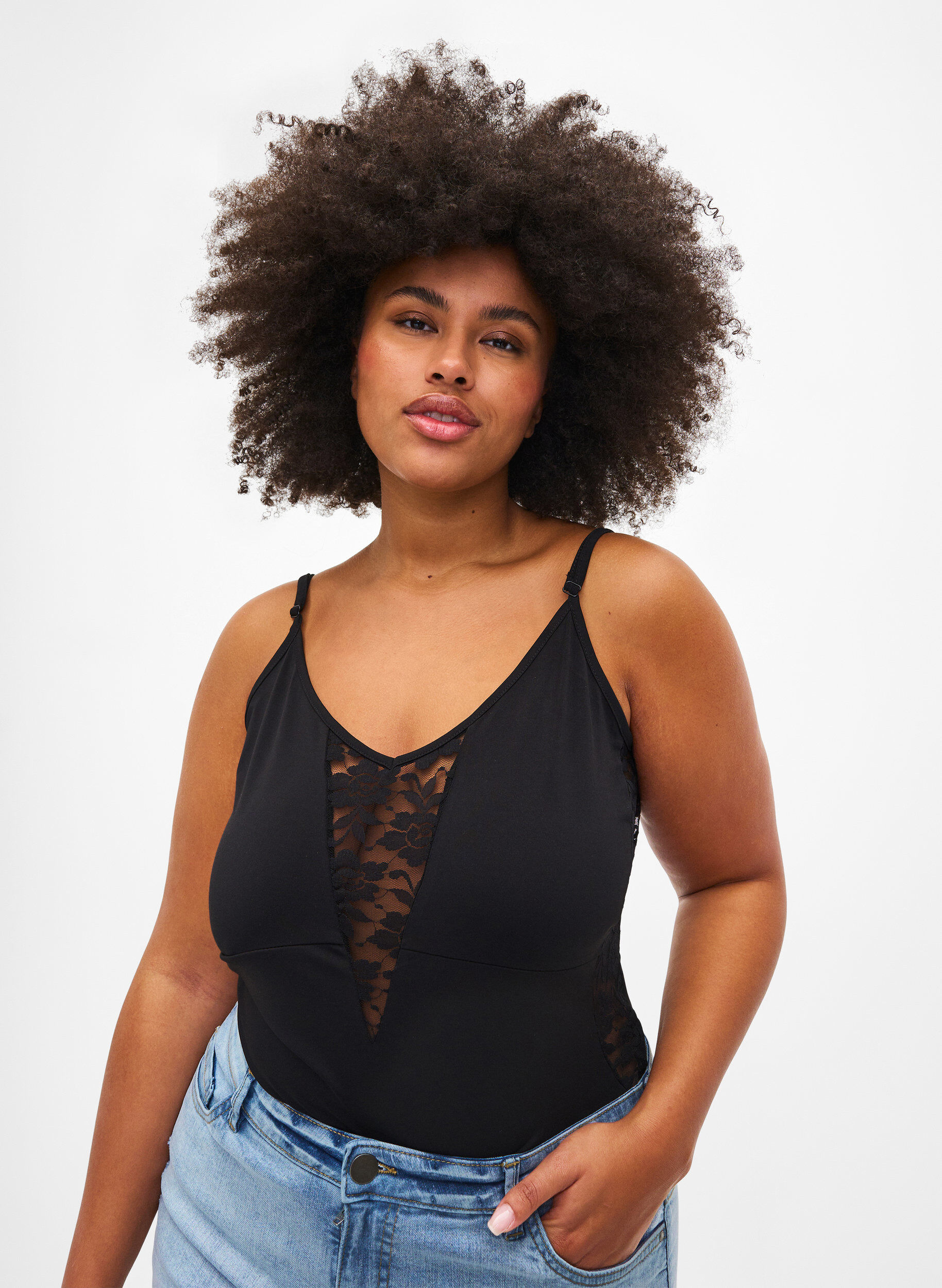 Zizzi Bodystocking med blonder og smale stropper, Black, Model image number 0