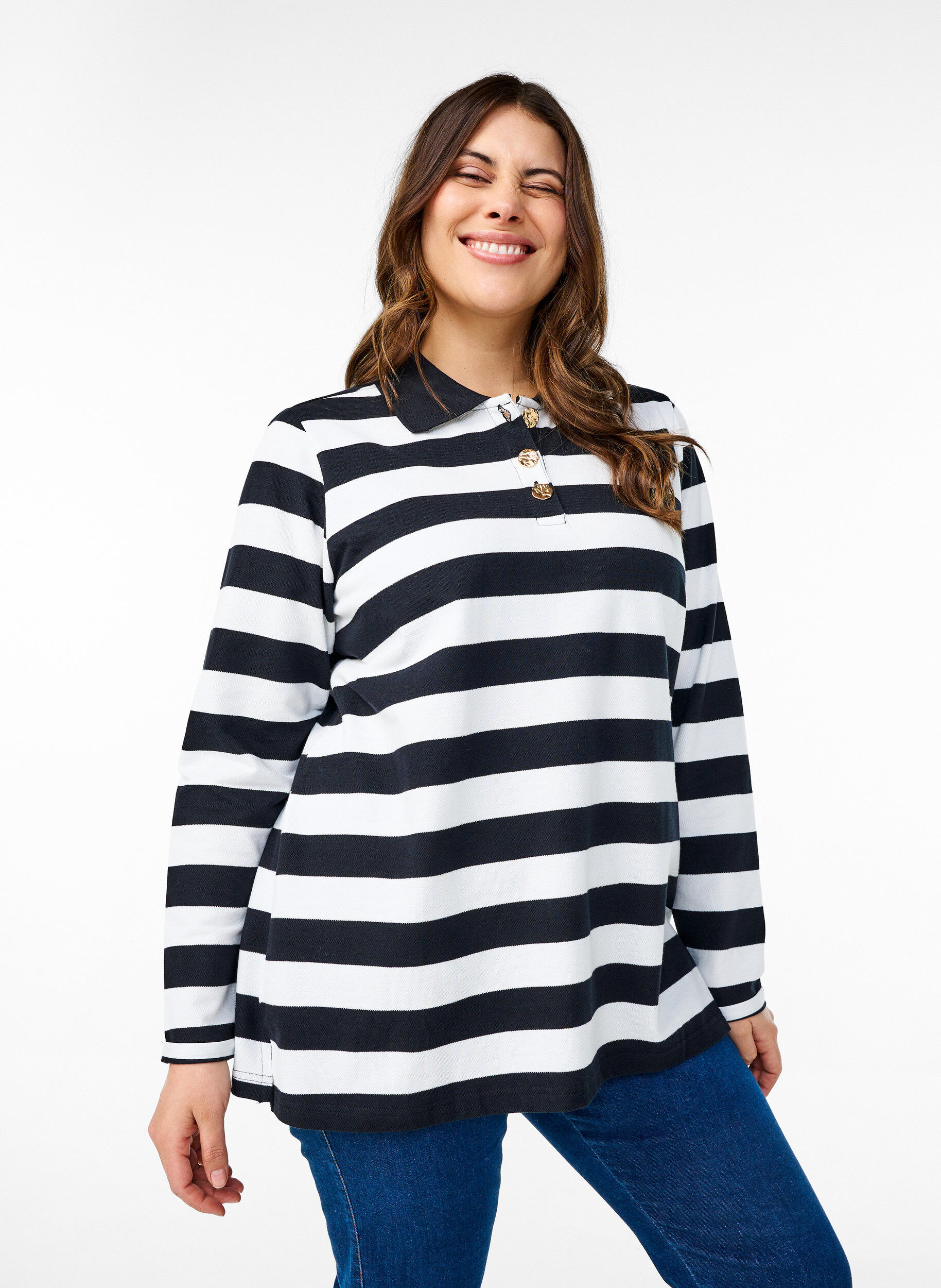 Stripete poloskjorte med lange ermer, Svart, Model