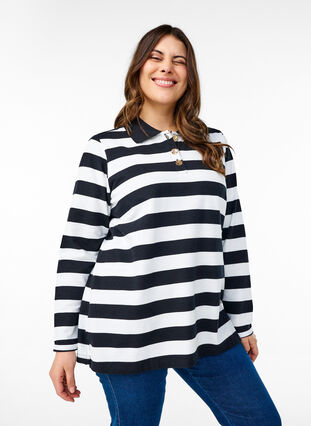 Zizzi Stripete poloskjorte med lange ermer, Svart, Model image number 0