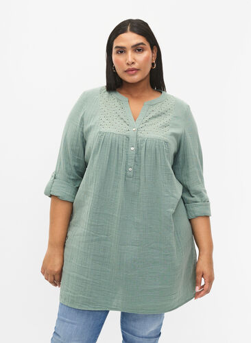 Tunika i bomull med broderi anglaise, Chinois Green, Model image number 0