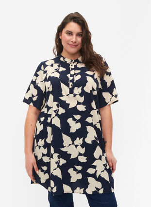 FLASH - Blomstrete tunika med korte ermer, Blue White Flower, Model image number 0