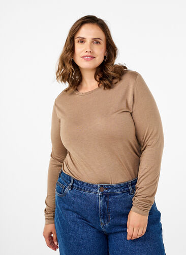 Zizzi Langermet bluse i ull og viskose, Brun, Model image number 0