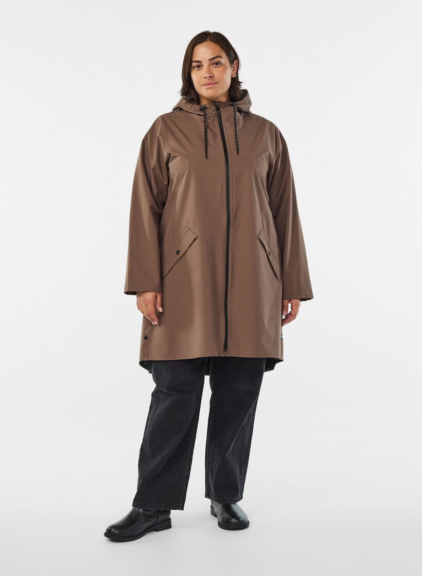Regnjakke med lommer og hette, Brun, Model image number 1