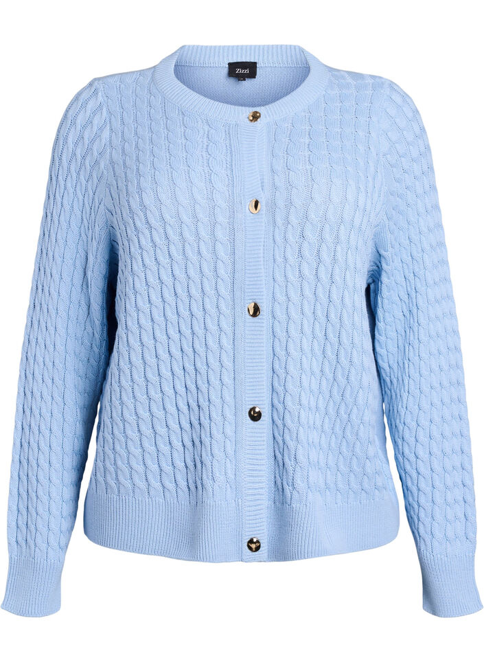 Flettestrikket cardigan med gullfargede knapper, Blå, Packshot image number 0