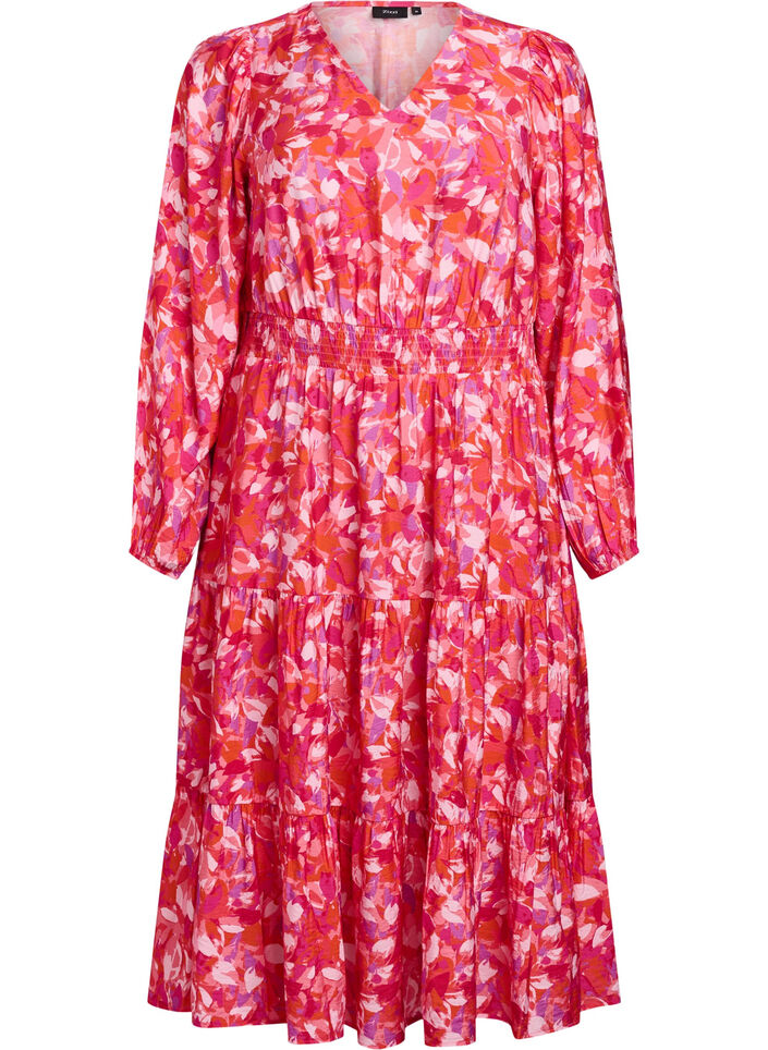Midikjole med fargerikt bladtrykk, Rosa, Packshot image number 0