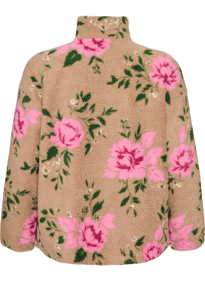 Blomstret fleecejakke med h&oslash;y hals og glidel&aring;s, Beige, Packshot image number 1