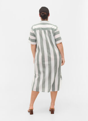 Kortermet skjortekjole i bomull med striper, Thyme Stripe, Model image number 1