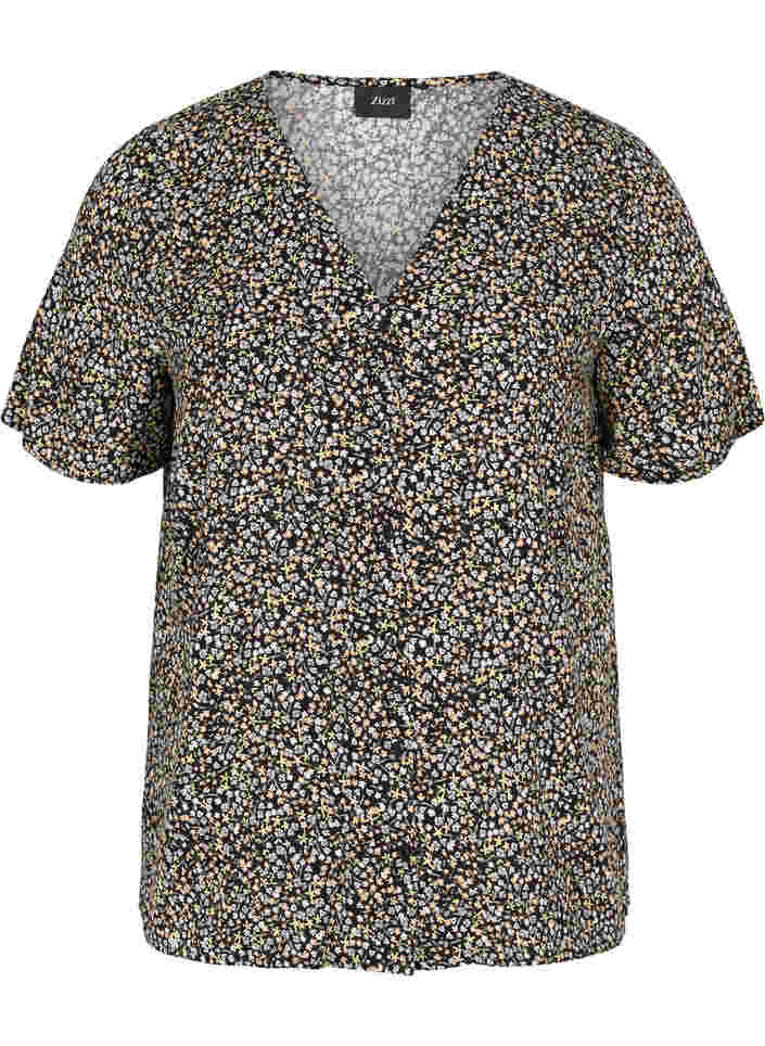 Mønstrete pysjamasskjorte i viskose, Black Flower AOP, Packshot image number 0