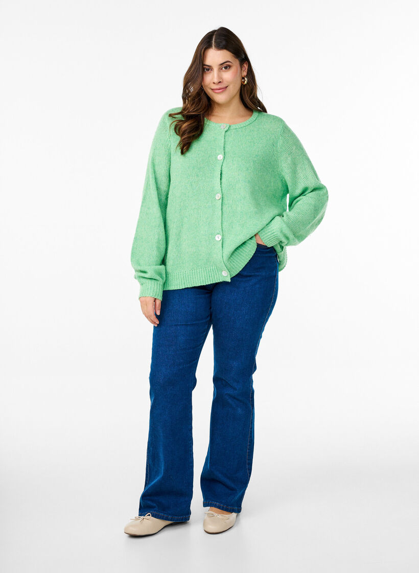 Strikket cardigan med ull og knapper, Light G. Green Mel., Model image number 2