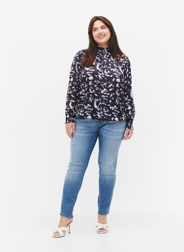 Mønstrete bluse med smock, Blue Leaf AOP, Model image number 2