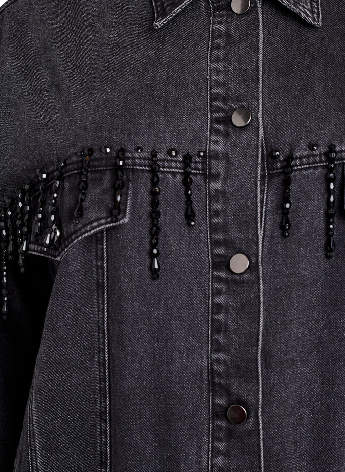 Denimjakke med perlefranser, Grey Denim, Packshot