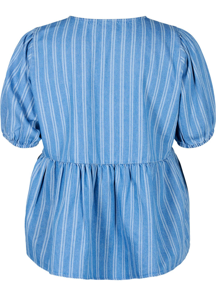 Kortermet denimbluse med stripemønster, Blue Denim Stripe, Packshot