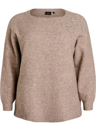 Strikkebluse med rhinesteiner og nagler, Beige