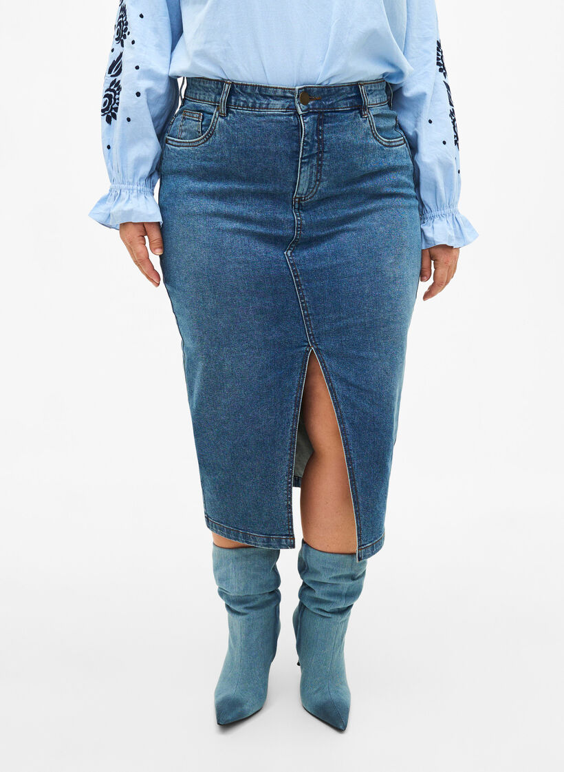 Dongeriskjørt med splitt foran, Blue denim, Model image number 2