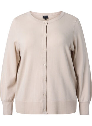 Ribbet cardigan med knappelukking, Pumice Stone, Packshot image number 0