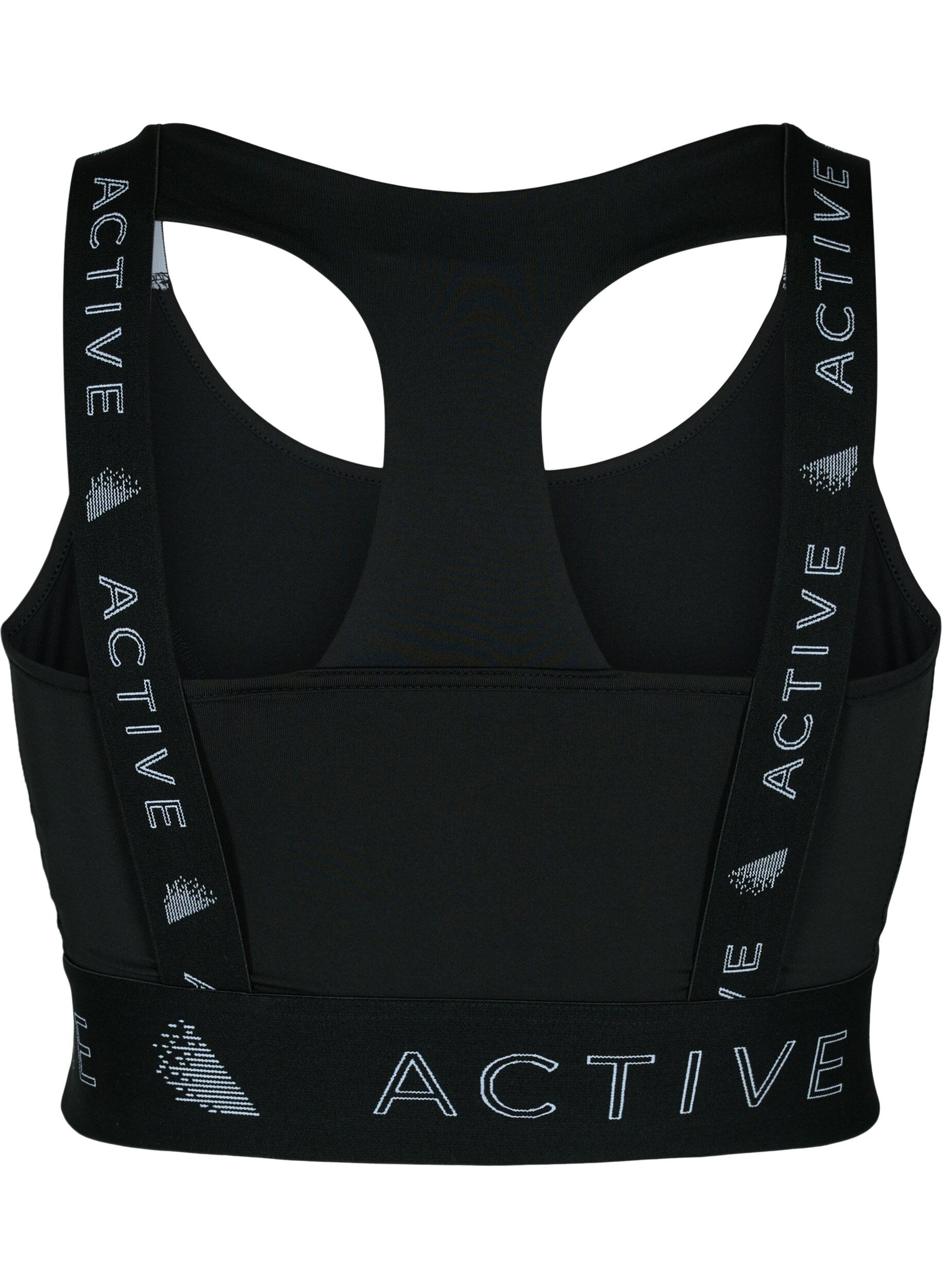 Zizzi Sports-BH med tekstm&oslash;nster, Black, Packshot image number 1