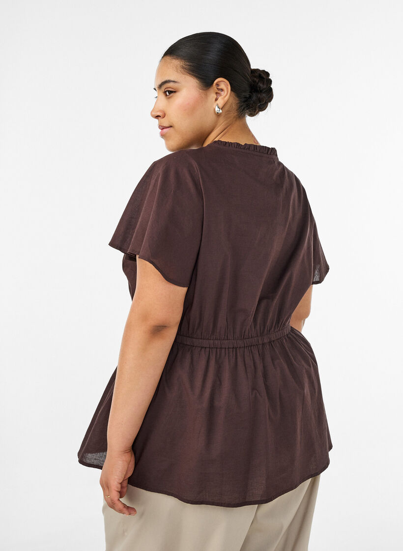 Bluse i bomull med knytesnor og elastisk midje, Brun, Model image number 2