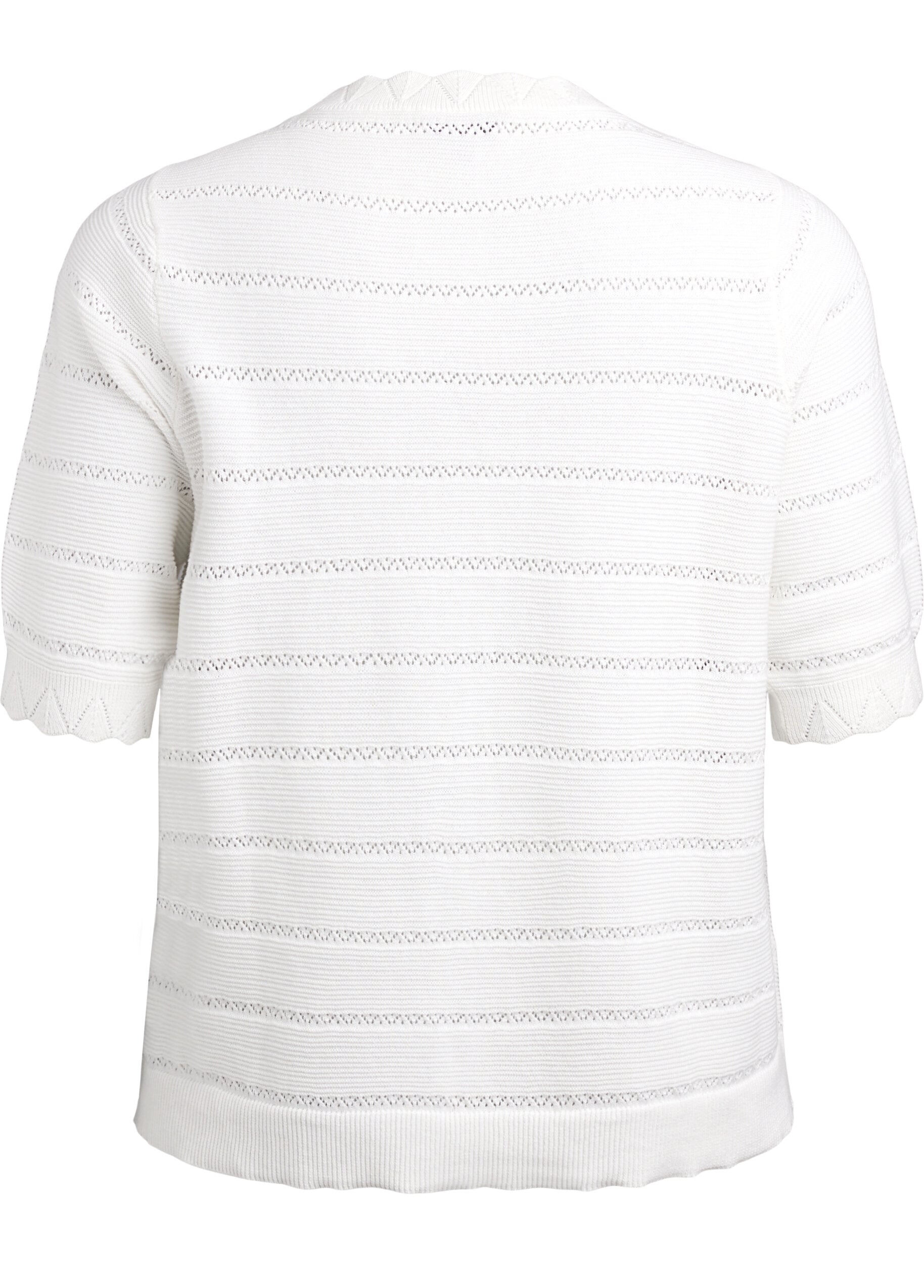 Zizzi Strikket bluse med stripet hullm&oslash;nster og korte ermer, Vanilje, Packshot image number 1