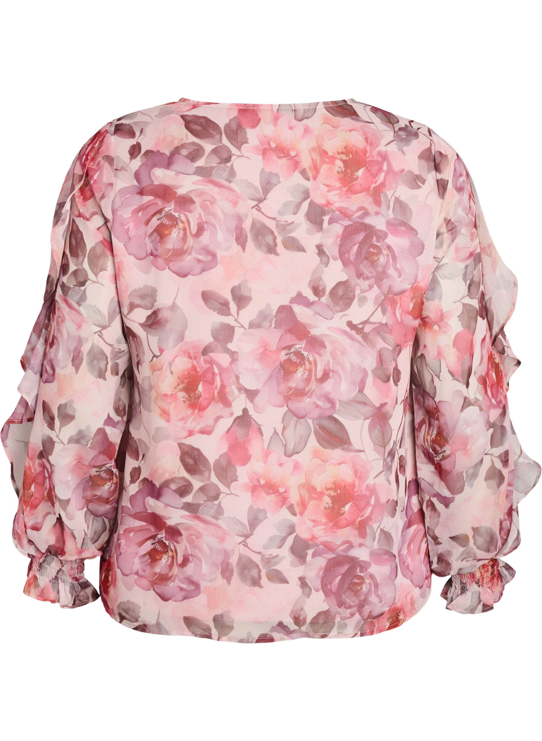 ZizziBluse med blomstertrykk, V-hals og rysjede ermer, Rosa, Packshot image number 1