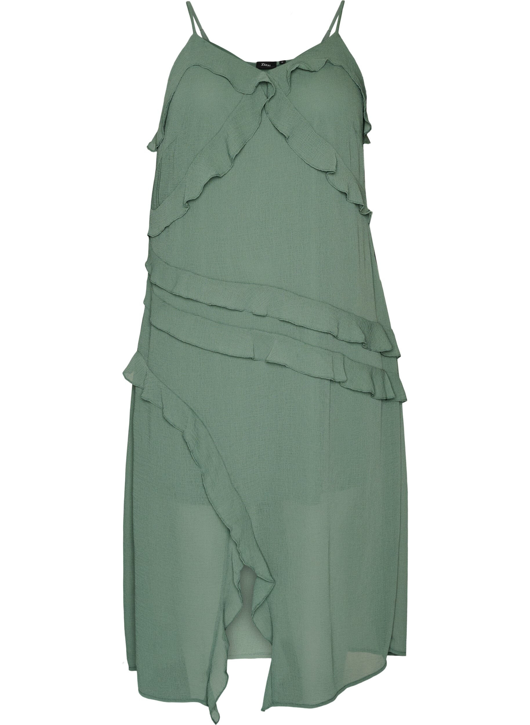 ZizziChiffonkjole med asymmetriske volanger, Gr&oslash;nn, Packshot image number 0