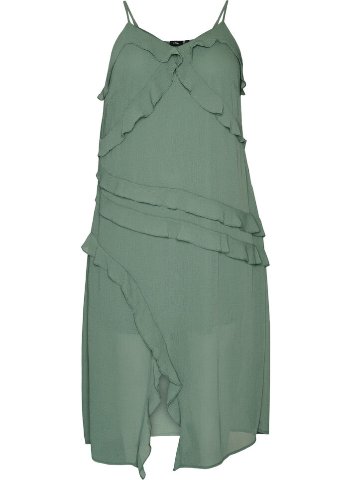 Chiffonkjole med asymmetriske volanger, Gr&oslash;nn, Packshot image number 0