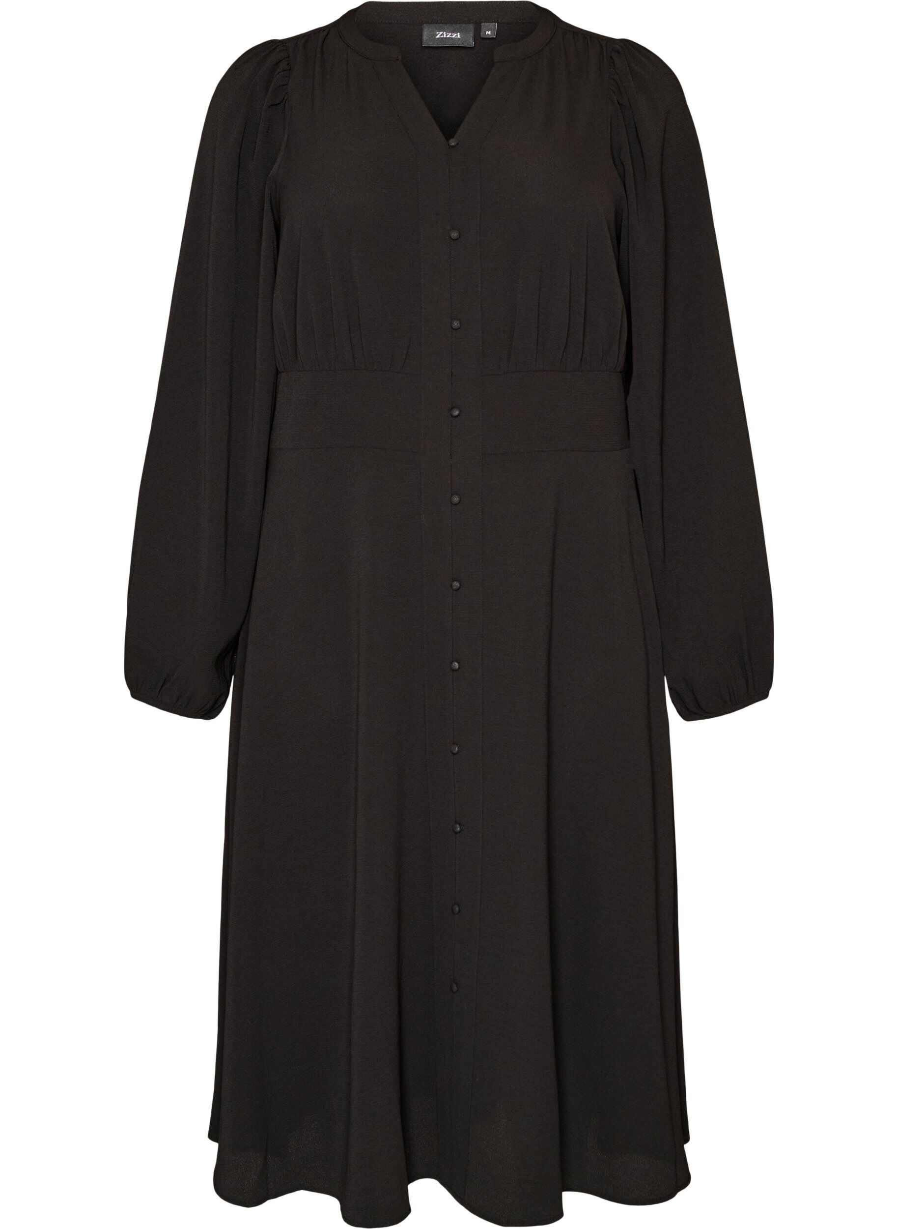 ZizziMidikjole med smock og dekorative knapper, Svart, Packshot image number 0