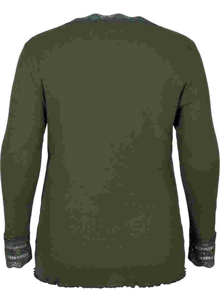 Langermet ribbet genser med blondedetaljer, Thyme, Packshot image number 1