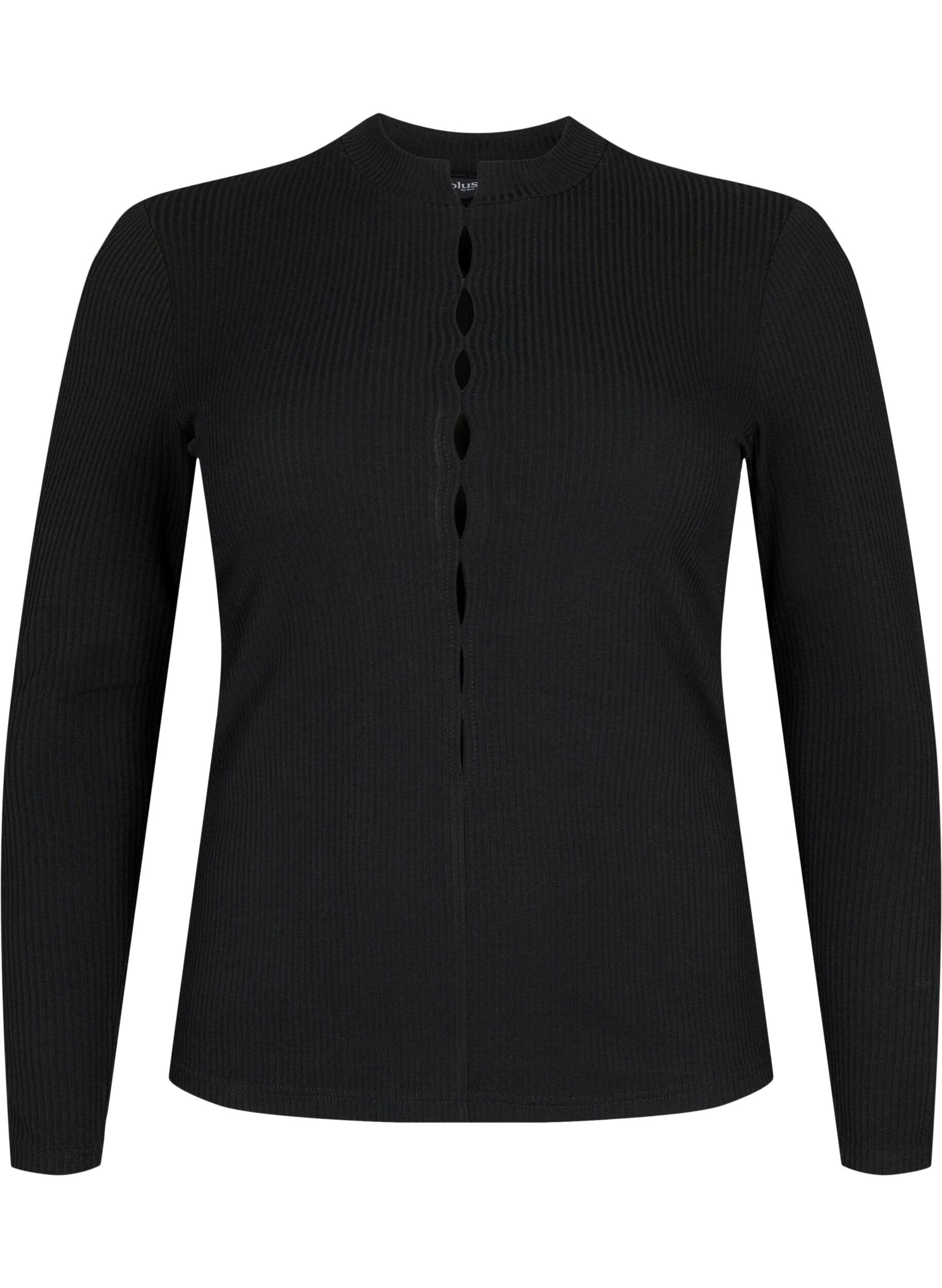 Zizzi Langermet, ribbestrikket bluse med hulldetaljer, Black, Packshot image number 0