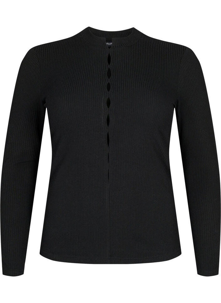 Langermet, ribbestrikket bluse med hulldetaljer, Black, Packshot image number 0