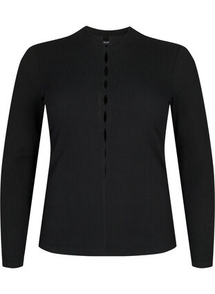 Zizzi Langermet, ribbestrikket bluse med hulldetaljer, Black, Packshot image number 0