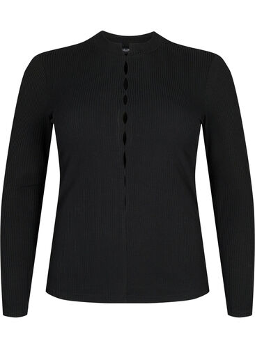 Langermet, ribbestrikket bluse med hulldetaljer, Black, Packshot image number 0