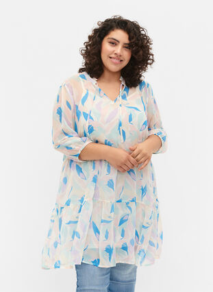 Tunika med blomstermønster og lurex, White/Pastel Leaf, Model image number 0