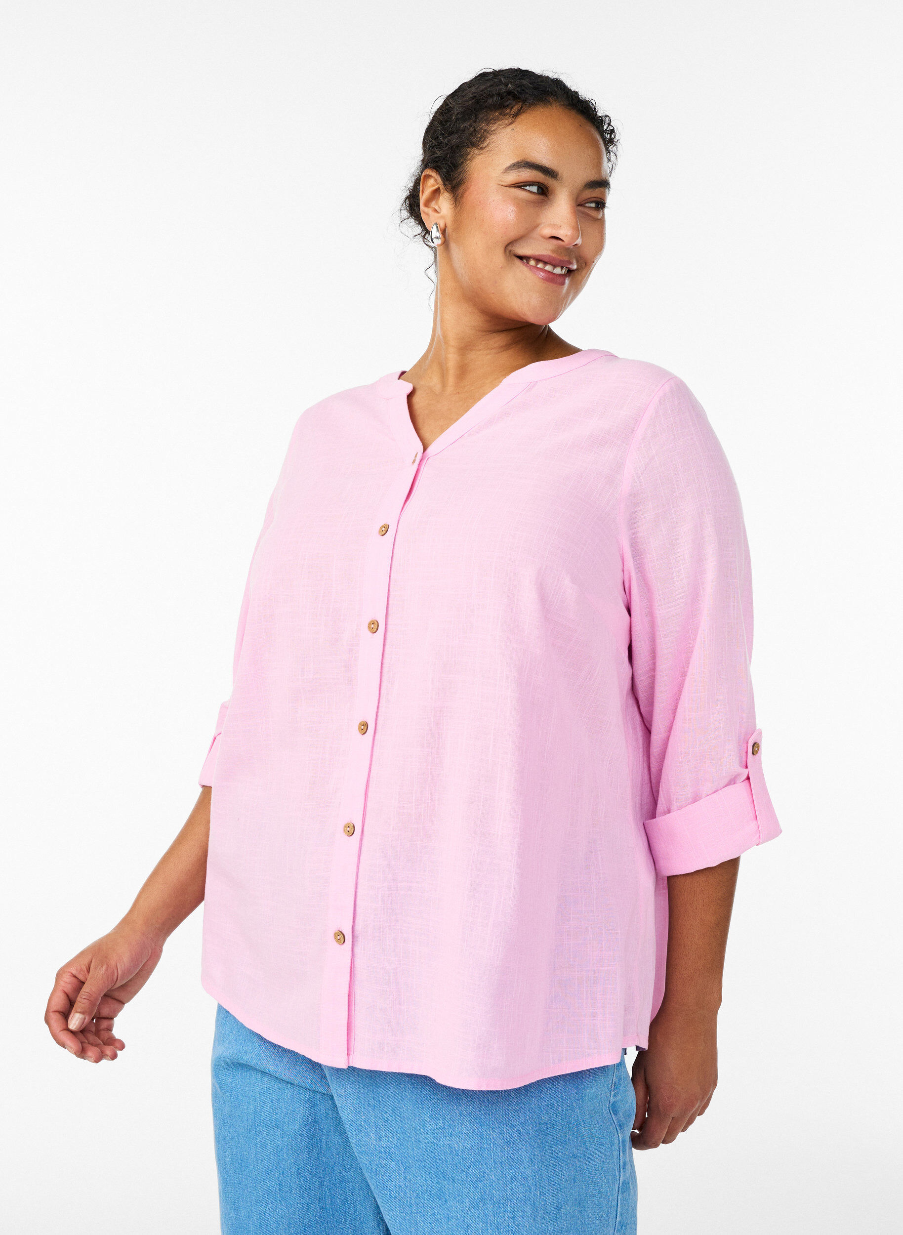 Bluse i bomull med V-hals, Rosa, Model