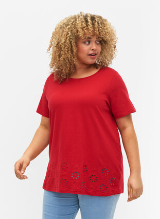 T-skjorte i bomull med broderi anglaise, Tango Red, Model image number 0