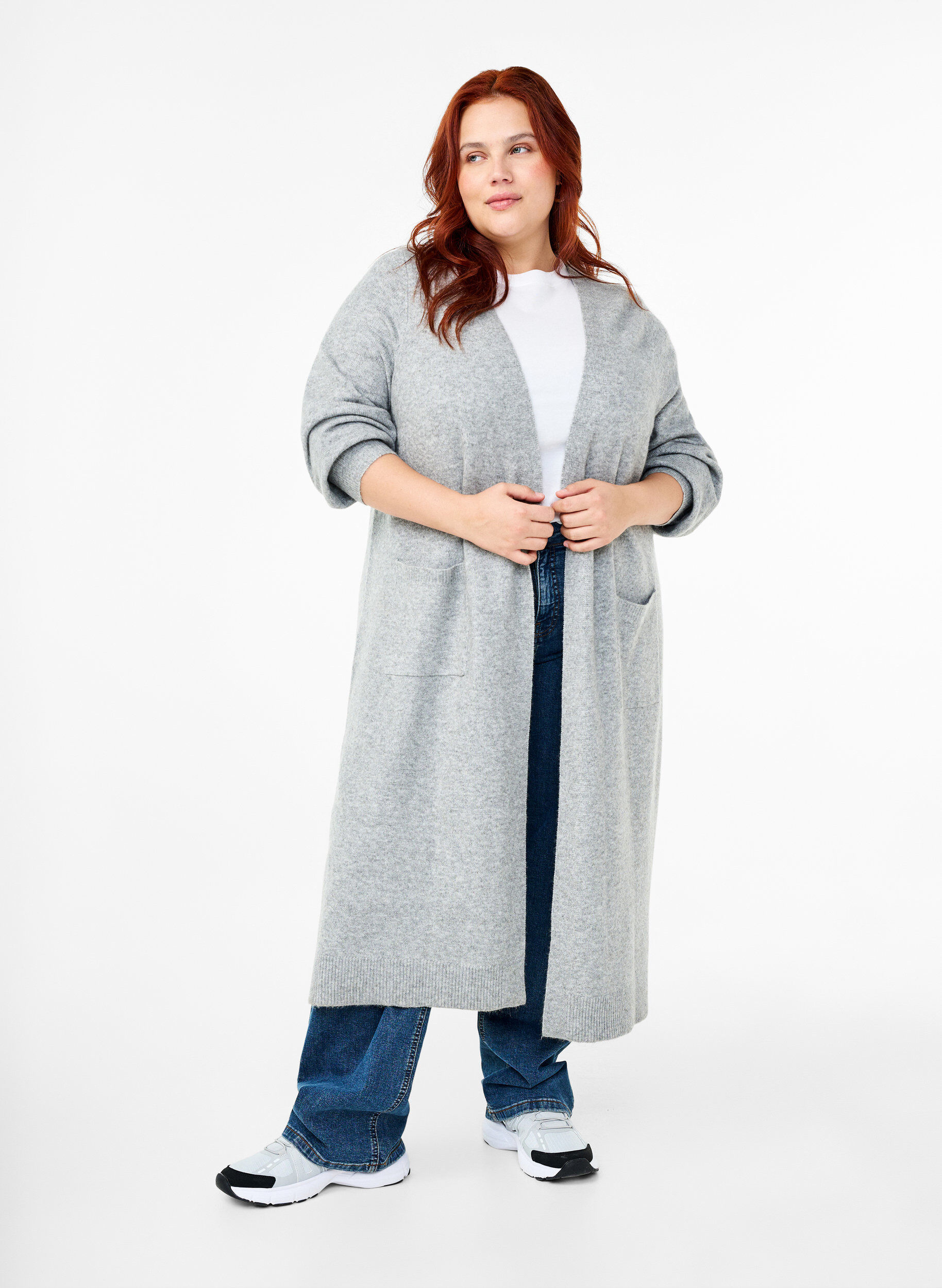 Zizzi Lang strikket cardigan med lommer, Light Grey Melange, Model image number 2