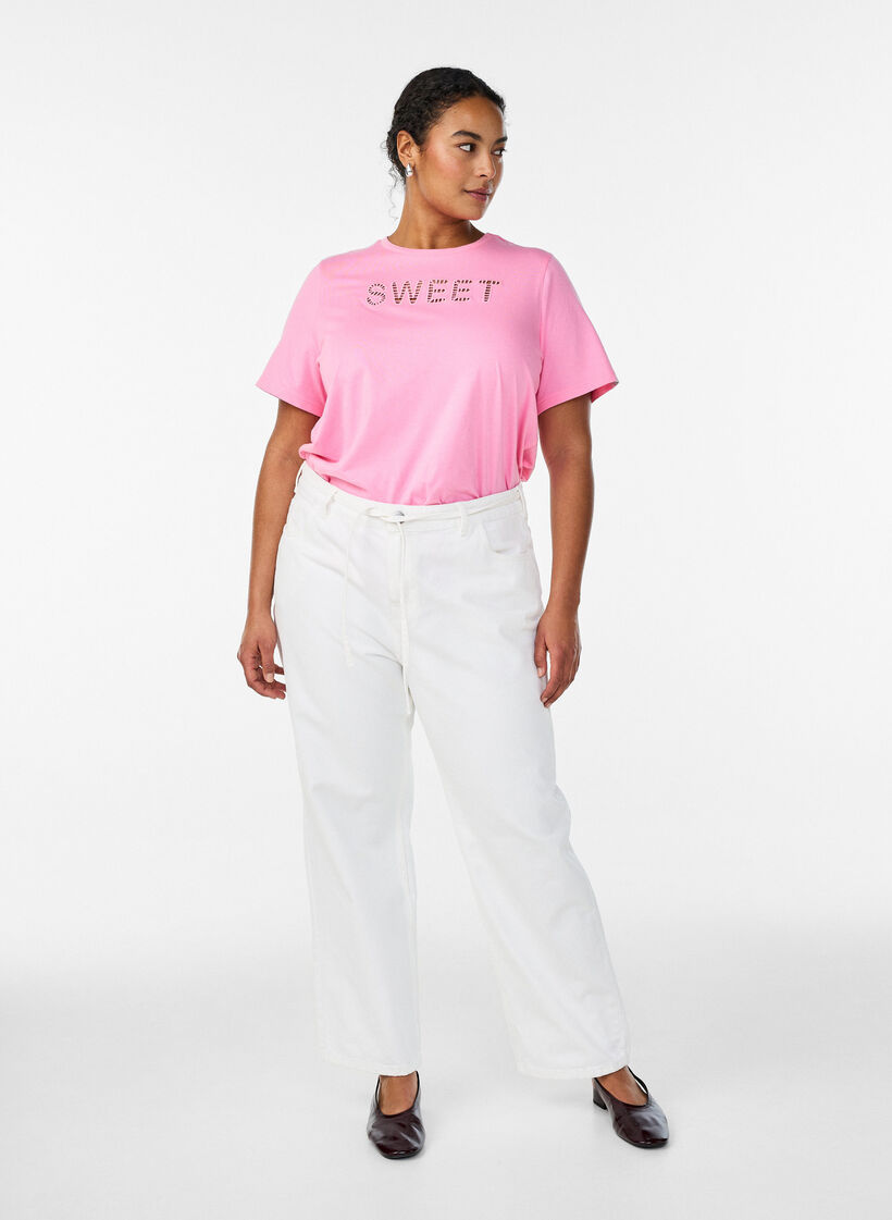 Bomulls T-skjorte med brodert tekst, Hvit, Model image number 1