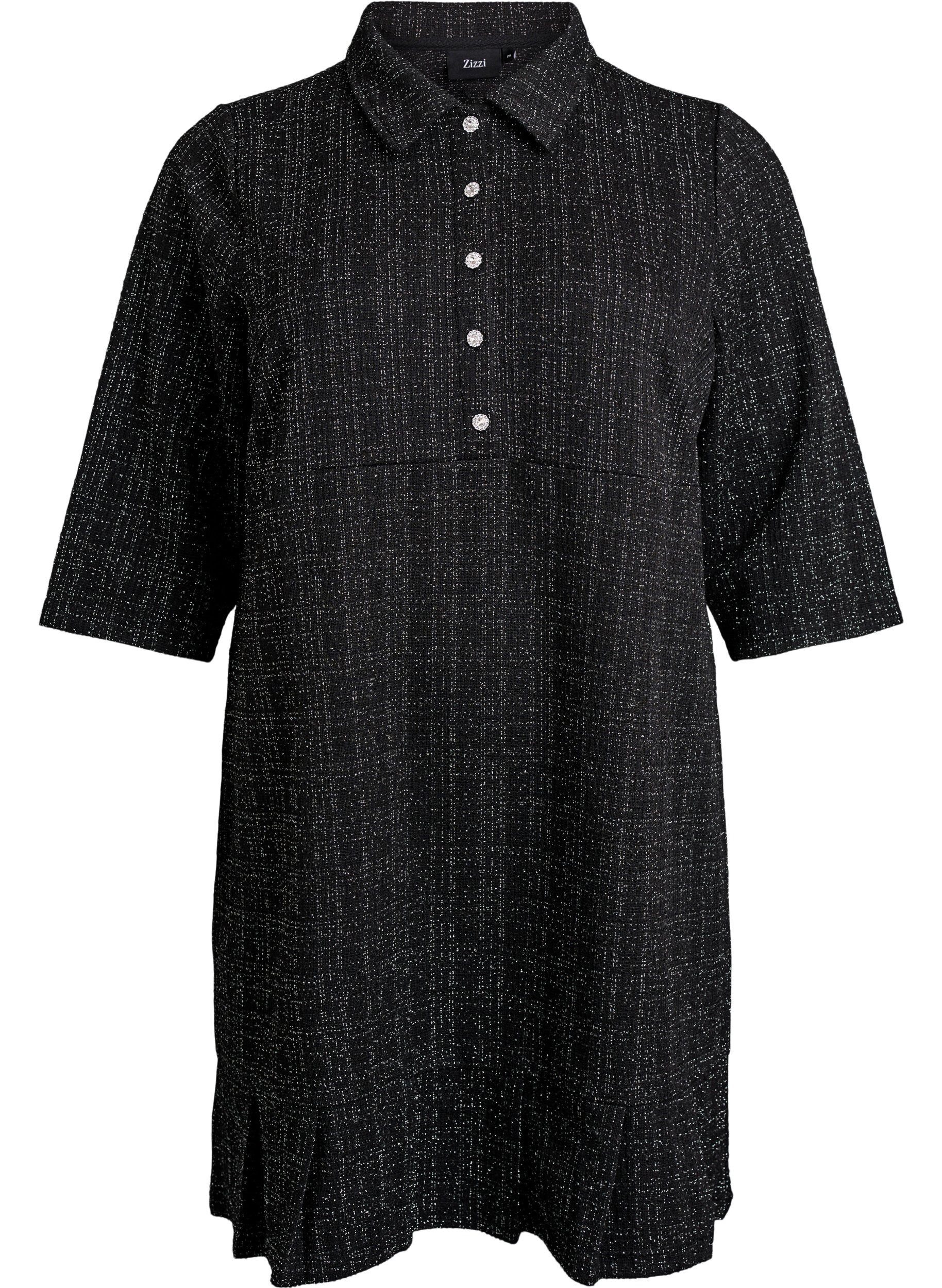 ZizziKort boucl&eacute; kjole med dekorative knapper, Svart, Packshot image number 0