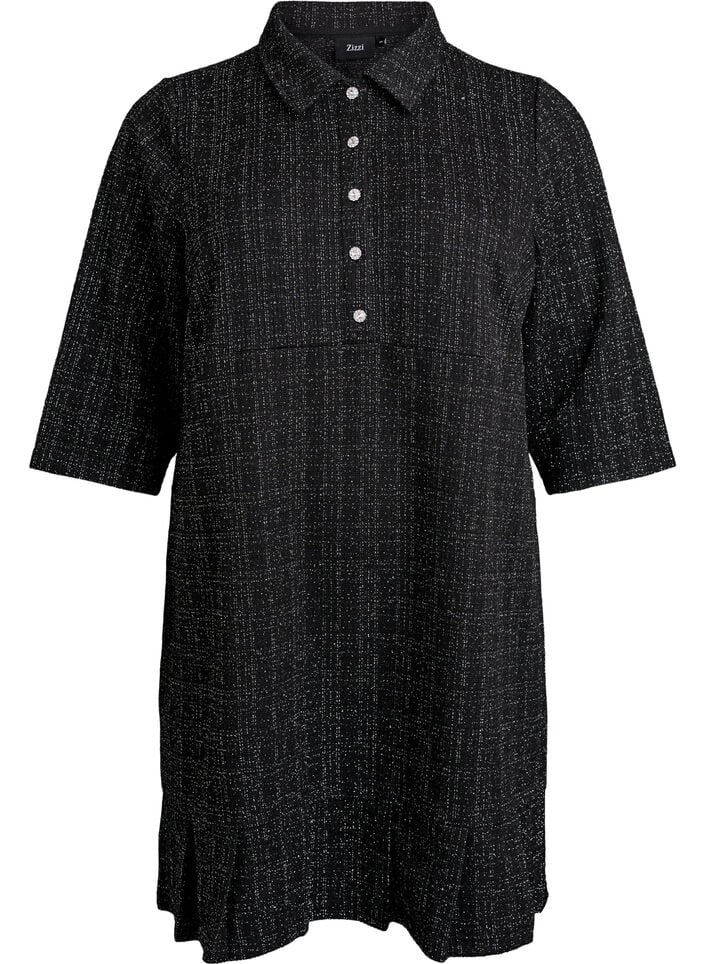 Kort boucl&eacute; kjole med dekorative knapper, Svart, Packshot image number 0
