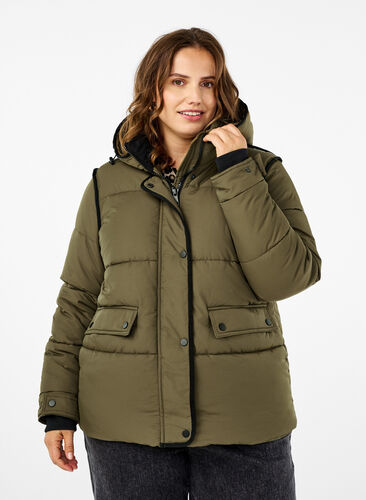 Zizzi Kort puffjakke med kontrastdetaljer, Grønn, Model image number 0