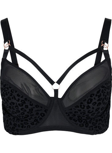 Mønstret BH med mesh og snøring, Black, Packshot image number 0