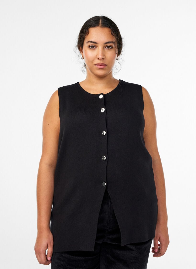Ermeløs strikkevest med dekorative knapper, Svart, Model image number 0