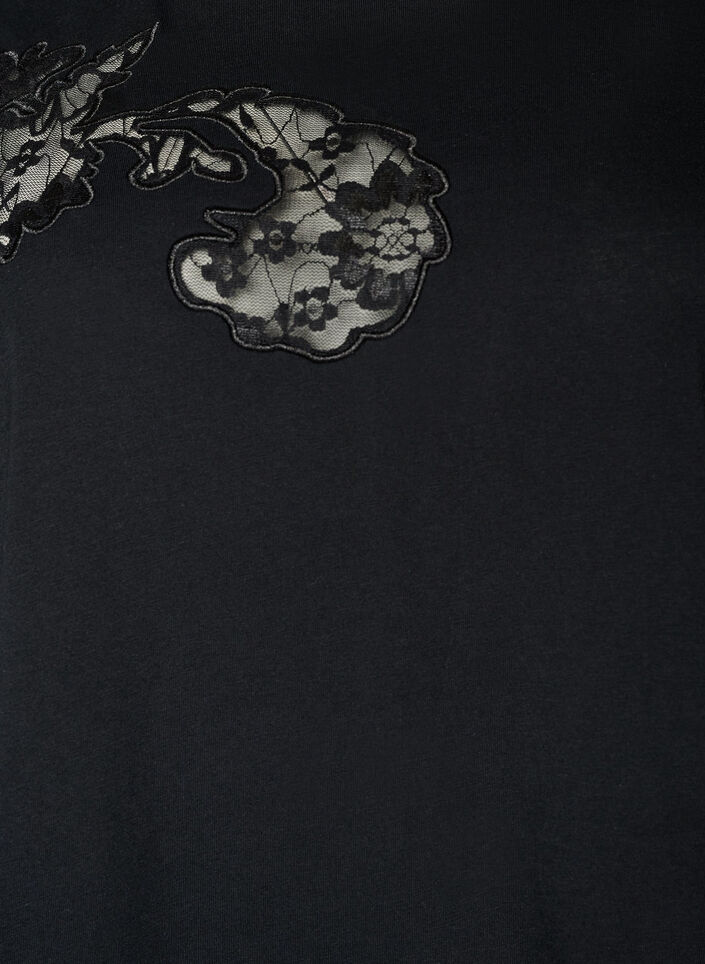 Bomulls-T-skjorte med blonderapplikasjoner, Svart, Packshot image number 2