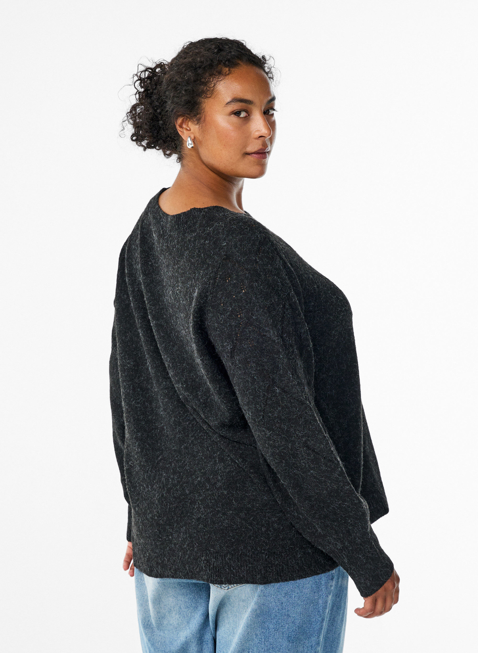 Zizzi Strikket topp med hullm&oslash;nster og ballongermer, Gr&aring;, Model image number 2