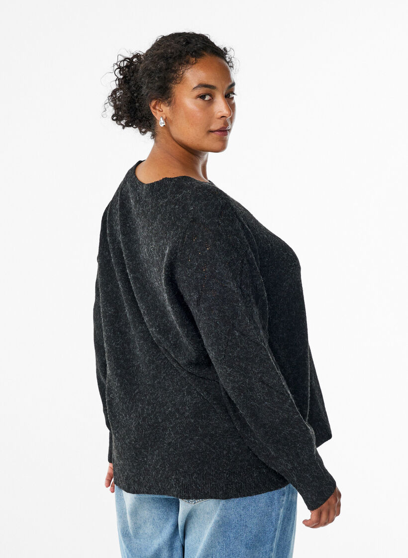 Strikket topp med hullmønster og ballongermer, Grå, Model image number 2